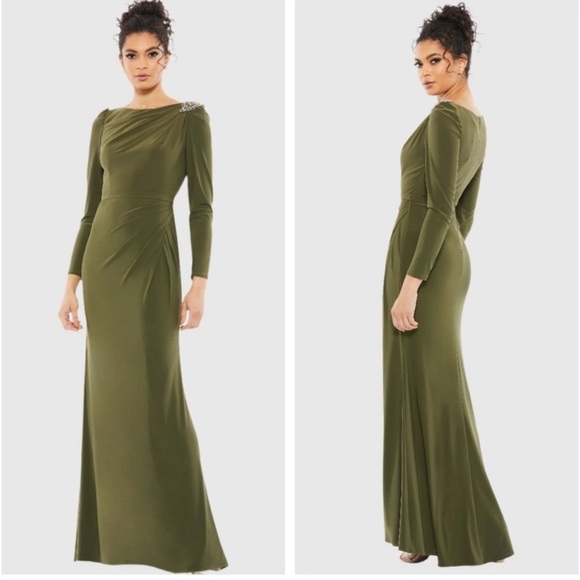 Mac Duggal 55695 Green Draped Long Sleeve Trumpet Gown Dress Olive size 12 - Picture 1 of 5